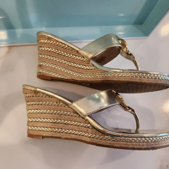 Michael Kors Gold Espadrilles. Gold Wedge heel slip on dress sandals. - Picture 6 of 11